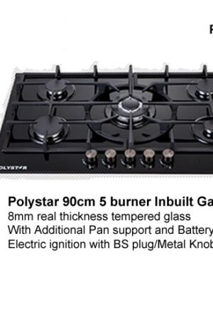 POLYSTAR 5 BURNER TEMPERED GLASS 90CM BUILT IN GASHUB – PV-JYBA5AG